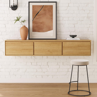 EYYTHUNG Floating TV Stand, 65" Farmhouse Wall Mounted Media Console with Storage, Cable Management, Modern Entertainment Center for 75 Inch TV, Living Room and Bedroom, Natural Oak