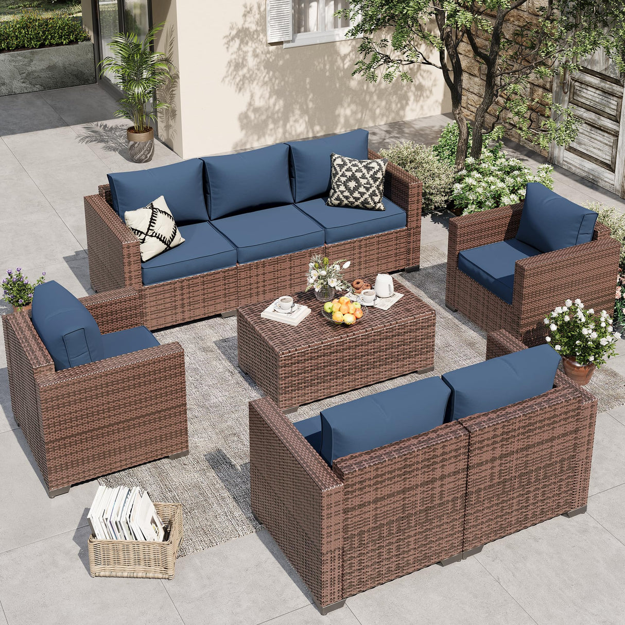 VONZOY Wide Armrest Outdoor Patio Furniture Set, 5 Piece Patio Sectional Sofa with Storage Table for Backyard, Porch, Balcony, Poolside(Navy Blue) VONZOY