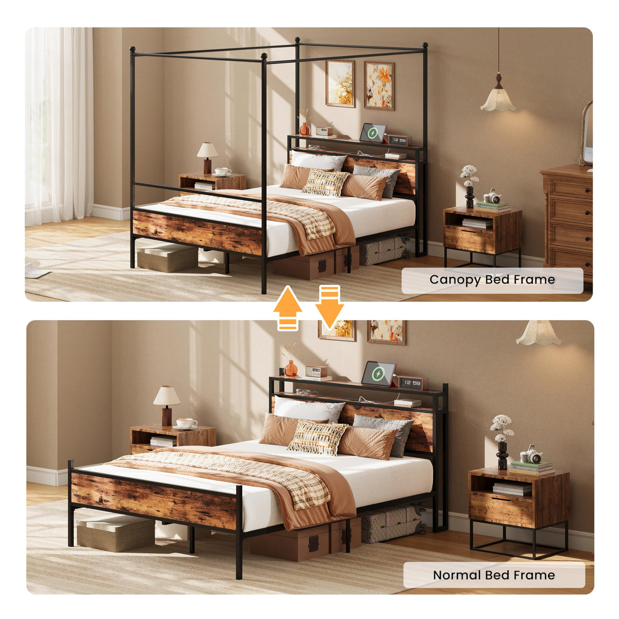 LIKIMIO Canopy Bed Frame Queen with Storage Headboard & Charging Station, Sturdy Metal Platform Bed with 4 Removable Posts, Dual Purpose Bed Frame, No Box Spring Needed, Noise Free LIKIMIO