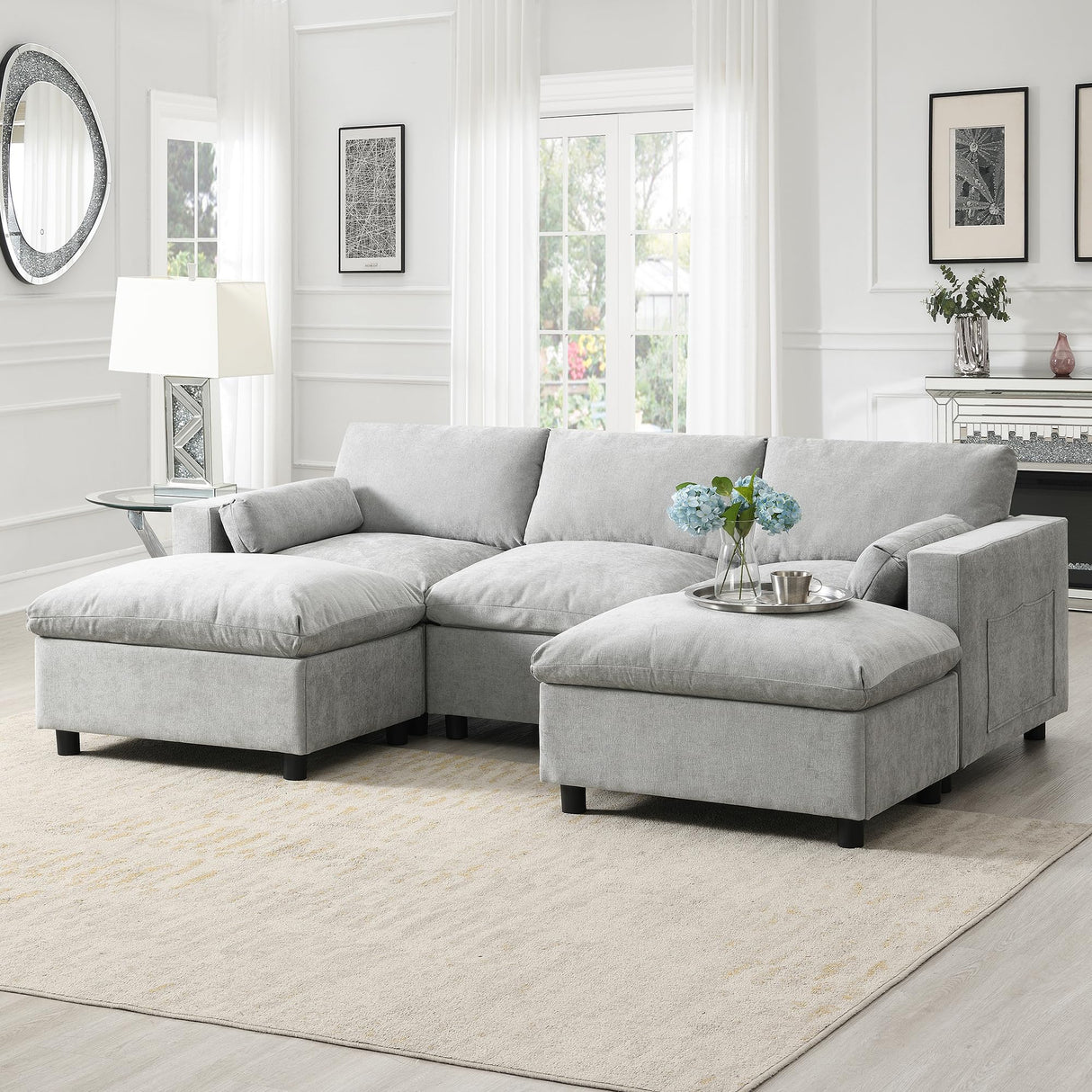 Merax 86.5" Sectional Sofa with Storage Pockets & Removable Ottomans, 5 Seat U Shaped Sleeper Cloud Couch Set, Convertible L-Shaped Chenille Upholstered SofaBed for Living Room and Apartment, Grey Merax