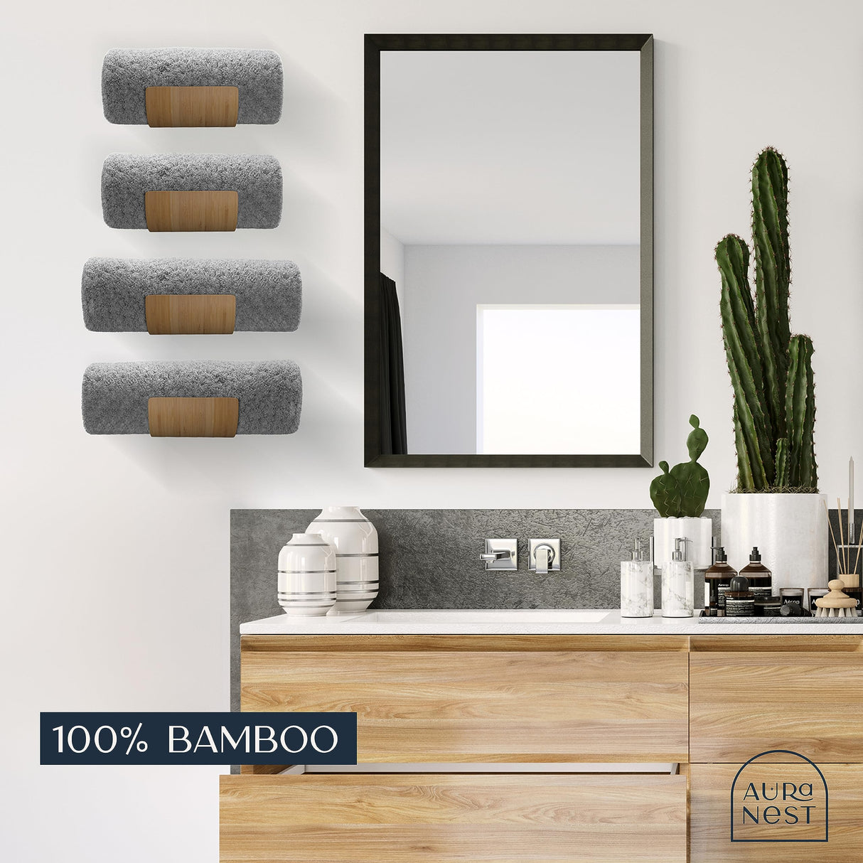 AURA NEST Set of 4 Towel Holder for Bathroom Wall, Modern Bamboo Wall Towel Rack for Rolled Towels, Sturdy Space-Saving Hanging Wood Towel Rack, Effective and Versatile for Spa, Guest Bath, Blanket AURA NEST