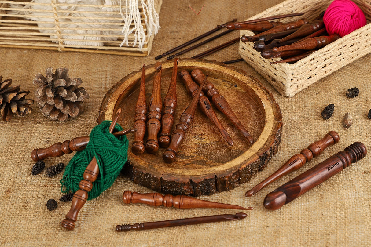 Bhartiya Handicrafts Wooden Crochet Hooks Set, 12pcs Ergonomic Knitting Needles - Rosewood, 3.5mm(E) to 12mm(P) - Includes Holder Bhartiya Handicrafts