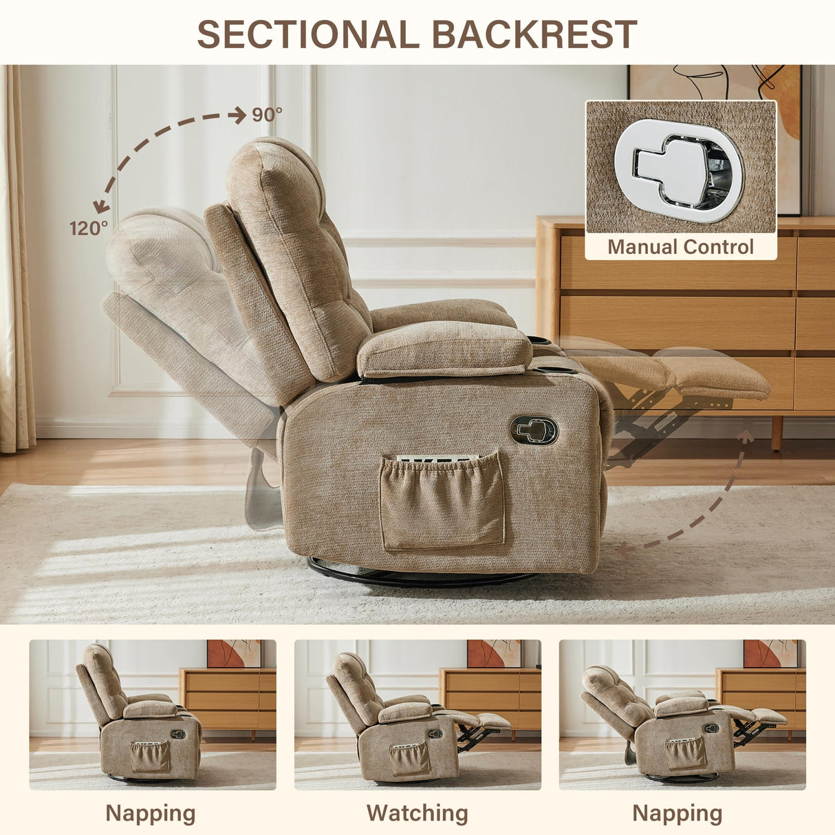 Hicosit Manual 360°Swivel Rocker Recliner Chair,Single Recliner Seat with Cup Holders,Recliner Chairs for Adults, Upholstered Fabric Lazy Boy Recliner for Bedroom,Living Room,Brown Hicosit