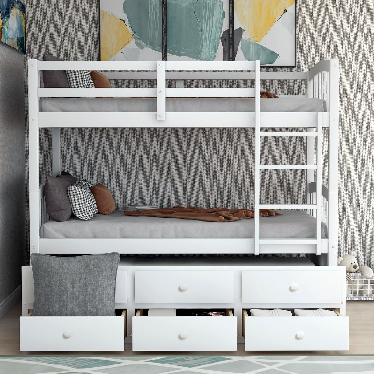 Harper & Bright Designs Twin Over Twin Bunk Bed with Trundle and Storage Drawers, Wood Bunk Bed with Safety Rail and Ladder for Kids Teens Adults, No Box Spring Required (White) Harper & Bright Designs