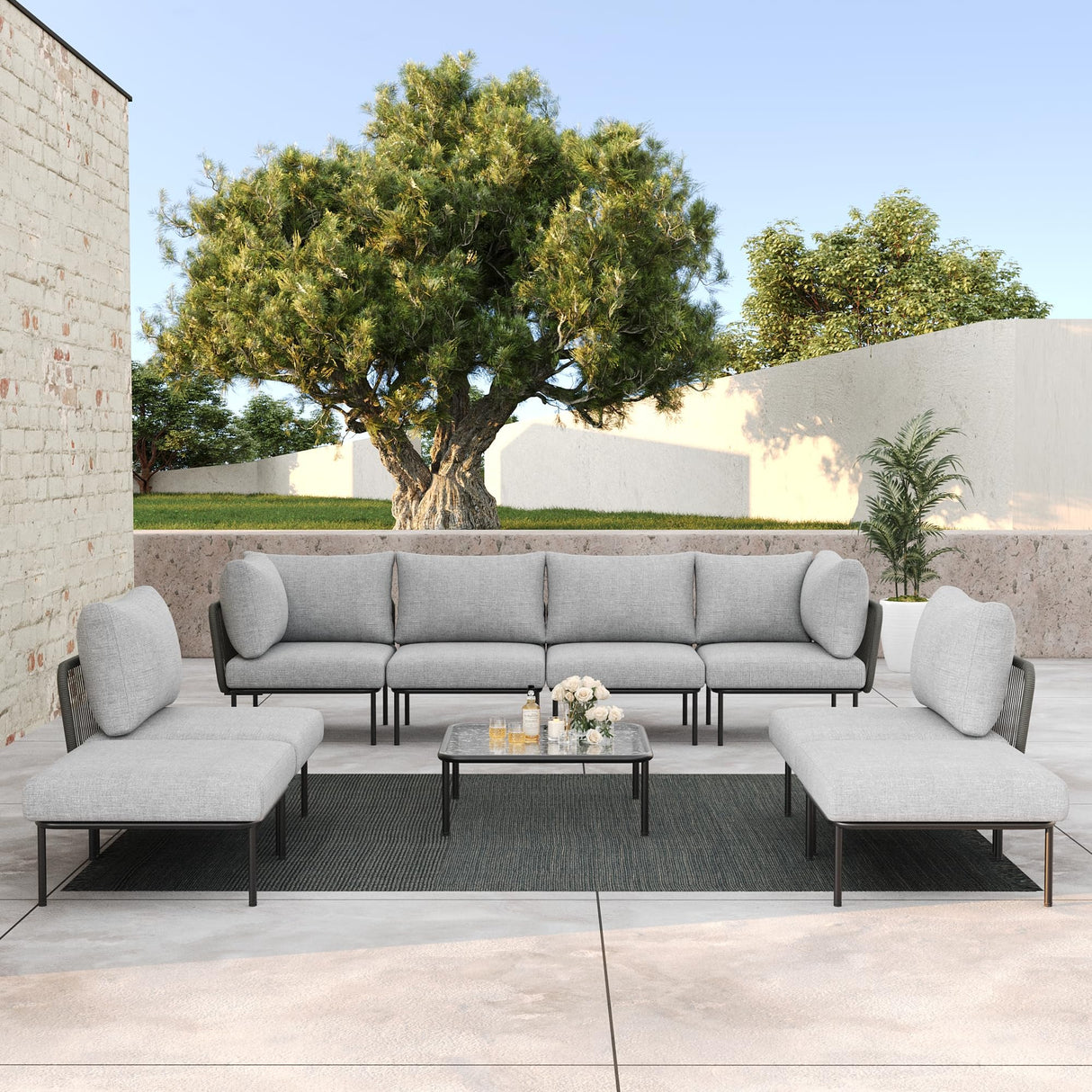LayinSun 9 Pieces Aluminum Patio Furniture Set, Modern Modular Sectional Sofa with Coffee Table and Upgrade Thickness Cushion LayinSun