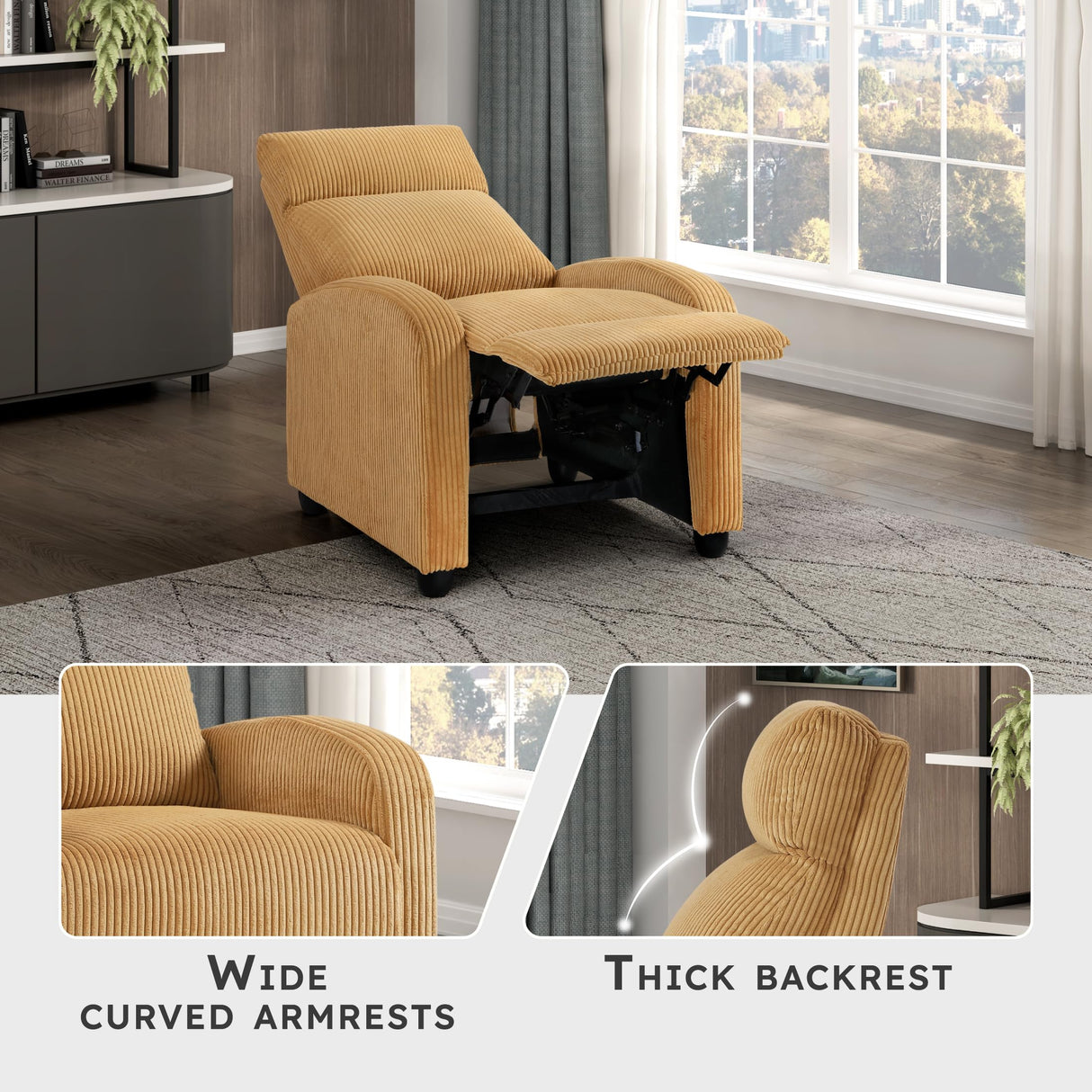 Lexicon Corduroy Pushback Recliner Chair Armchair Push Back Recliner, Solid Wood Frame and Metal Base, Easy Assembly Small Soft Single Sofa Accent Chair for Living Room/Office/Apartment, Yellow Lexicon