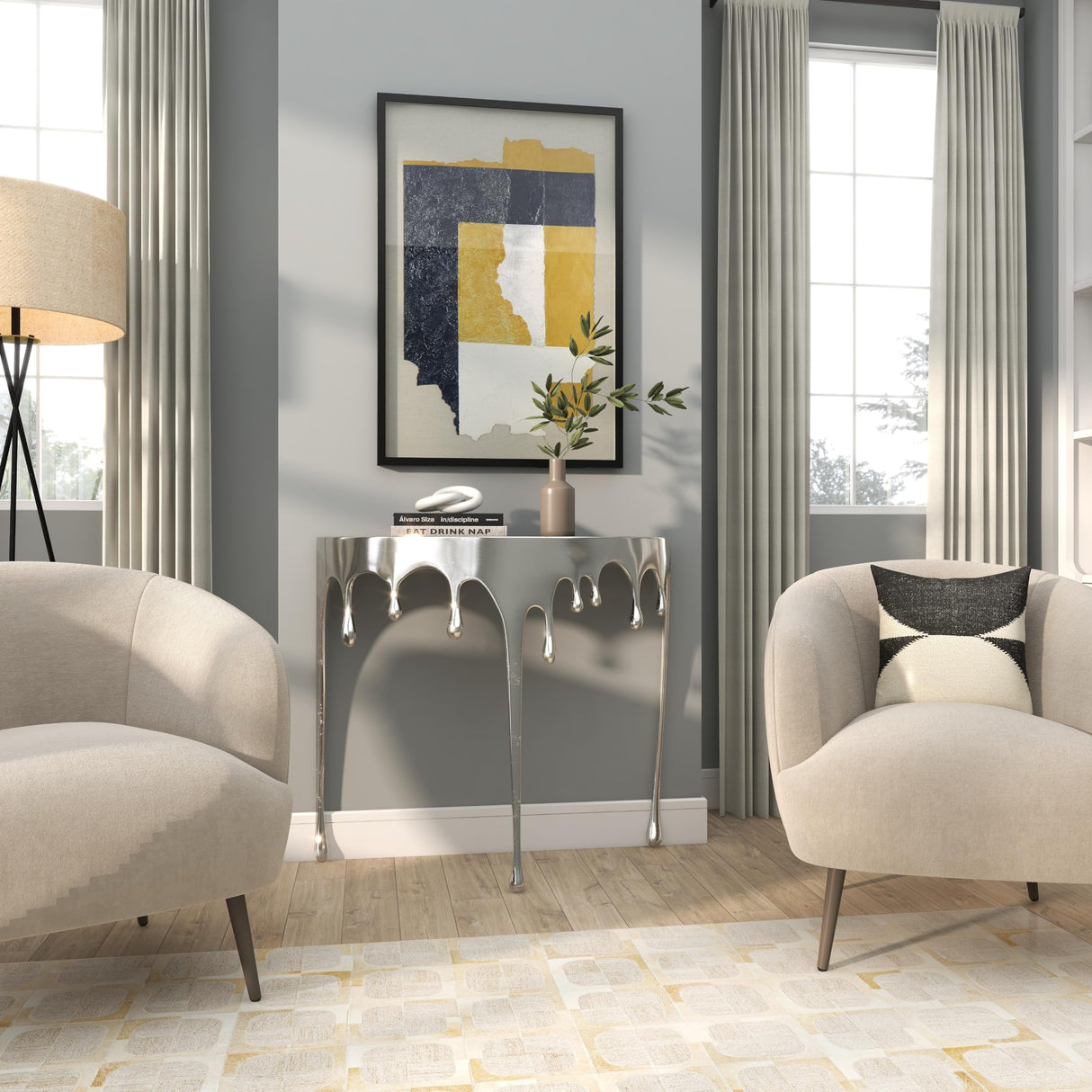 Deco 79 Aluminum Metal Abstract Console Table Drip with Melting Designed Legs and Black Glass Top, 36" x 14" x 32", Silver Deco 79