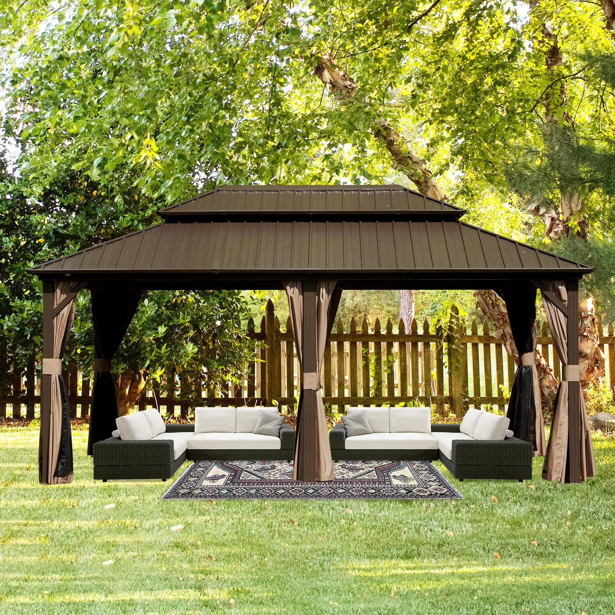 Domi 12' X 18' Hardtop Gazebo, Aluminum Metal Gazebo with Galvanized Steel Double Roof Canopy, Curtain and Netting, Permanent Gazebo Pavilion for Party, Wedding, Outdoor Dining, Brown domi outdoor living