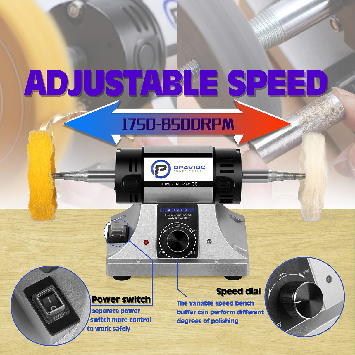 OPAVIOC Jewelry Polisher - Adjustable Variable Speed Bench Grinder Polishing & Buffing Machine, Dental Buffer & Lathe - Includes 2 Cotton Buffs, 2 Abrasive Fiber Wheels, Safety Glass, Polish Compound OPAVIOC