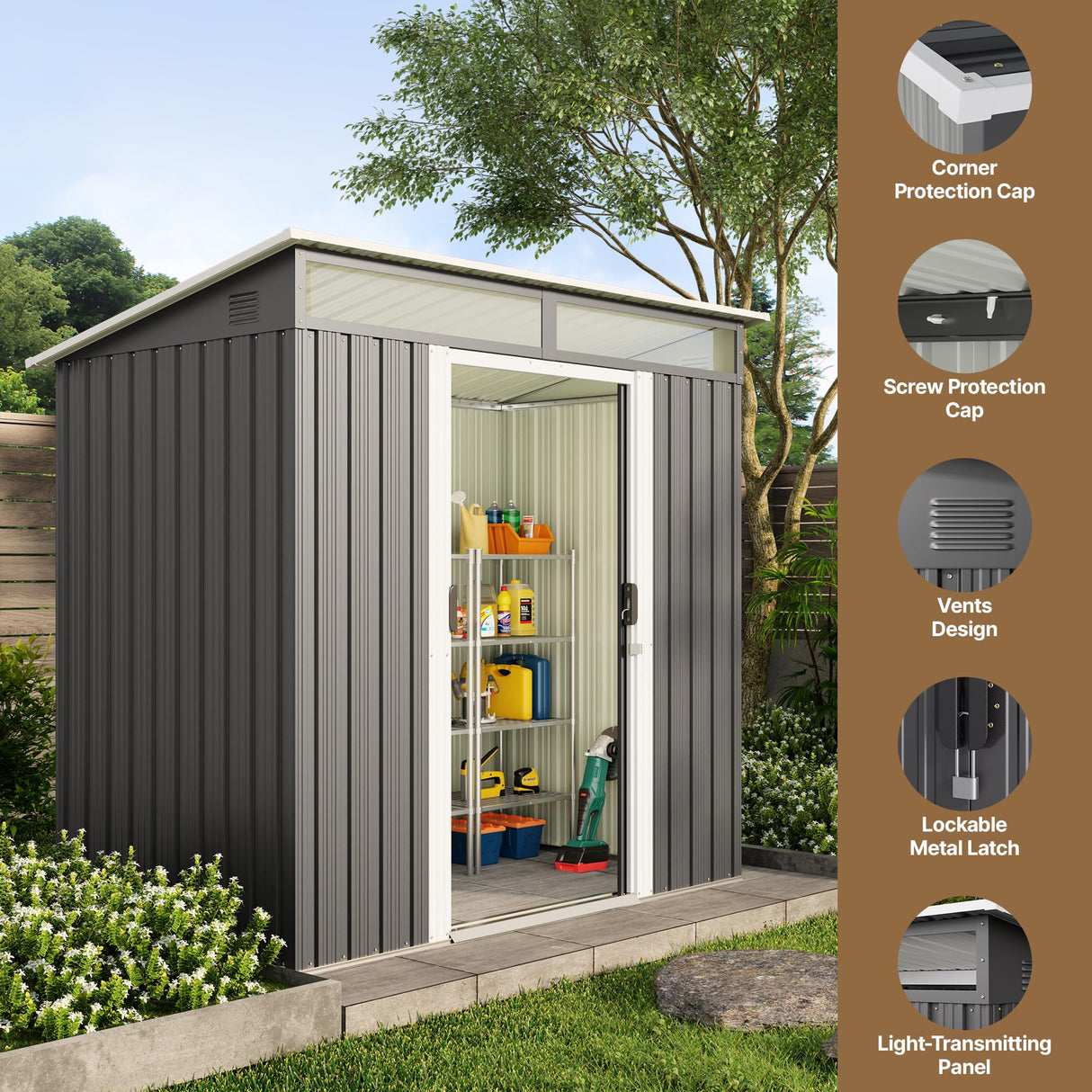 Gizoon 6'x4' Outdoor Storage Shed Metal Garden Shed with Sliding Lockable Doors, Versatile Tool Bike Shed with Transparent Panel Windows, Outdoor Storage Clearance for Backyard, Patio, Dark Gray Gizoon
