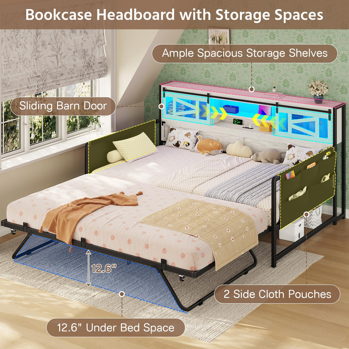 Dnxao Daybed with Trundle,Farmhouse Twin Bed Frame with 2-Tier Storage Shelves,LED Lights and Charging Station,Twin Sofa Daybed for Living Room,Bedroom and Guest Room,White Dnxao