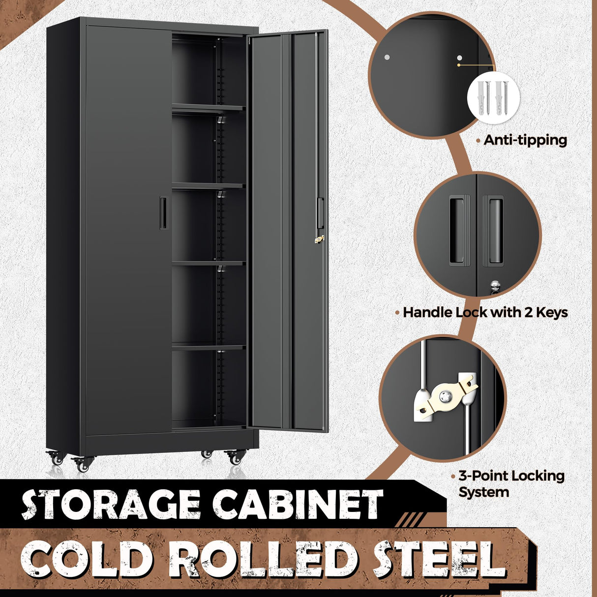 INTERGREAT Metal Garage Storage Cabinet with Wheels, Rolling Storage Cabinet with Locking Doors and 4 Adjustable Shelves,- 73" Steel Tool Cabinet for Home Office,Garage,Warehouse,Black INTERGREAT