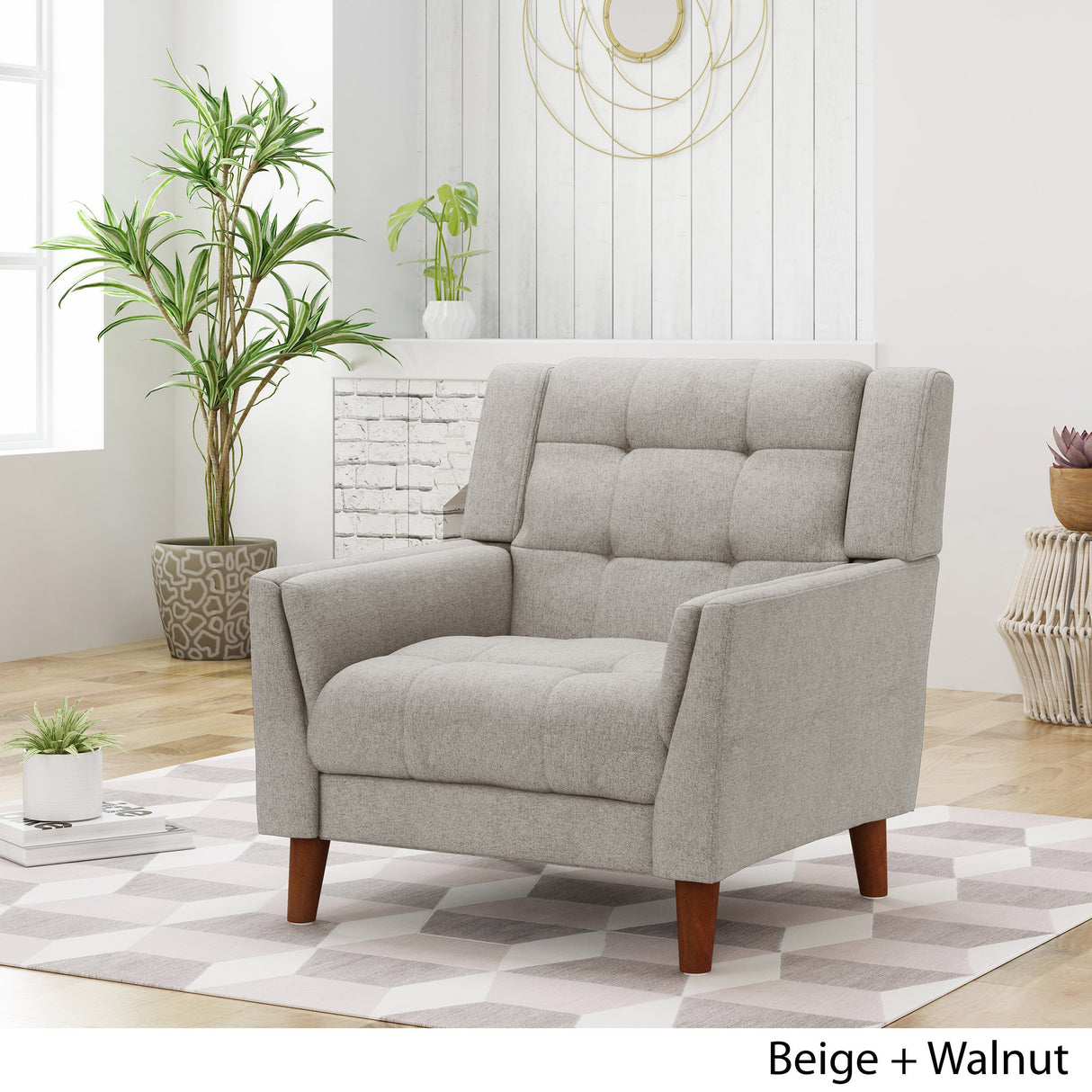 Christopher Knight Home Evelyn Mid Century Modern Fabric Arm Chair, Beige & Walnut Christopher Knight Home