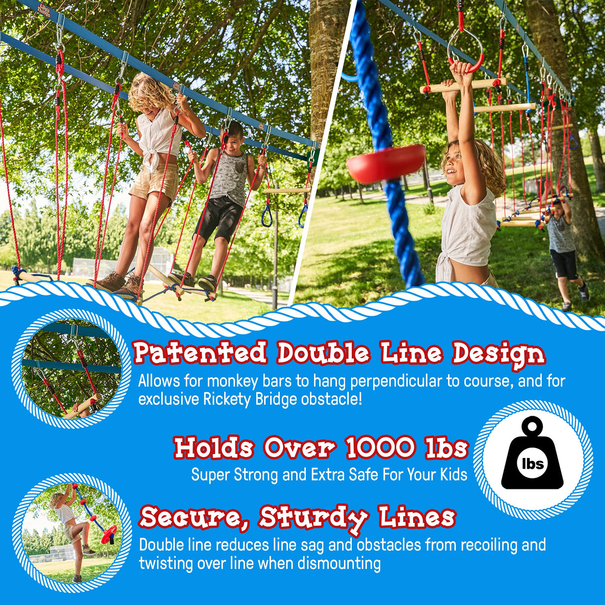 Double Slackline Obstacle Course - 110 Ft Line - Ninja Warrior Course with Monkey Bars for Kids - Patented Double Line Design (110' Ultimate Warrior Set, with Rickety Bridge) Lily's Things