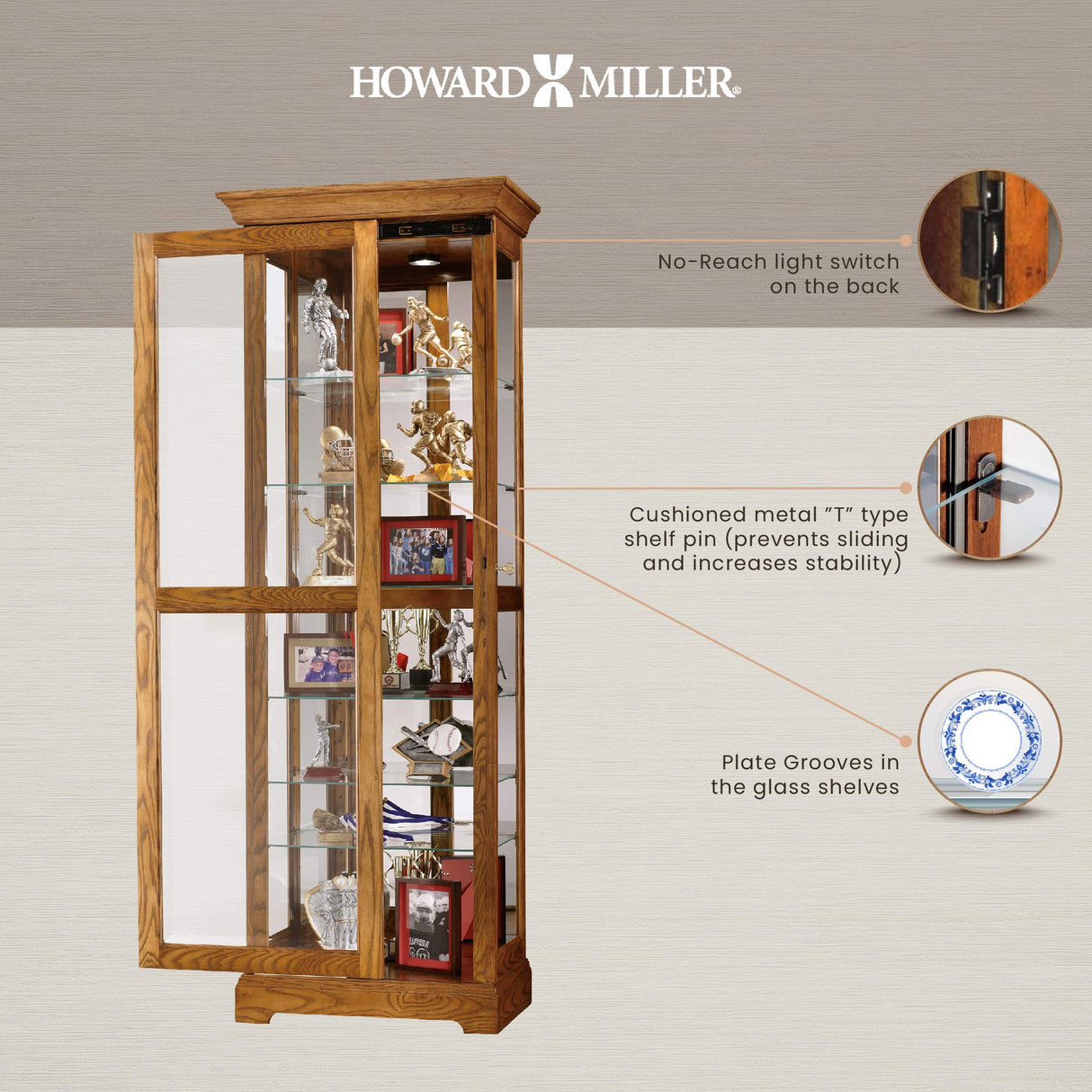 Howard Miller Moorland Curio Cabinet – Lighted Wooden Curio Cabinet with Adjustable Shelves Mirrored Back Locking Beveled Glass Door No Reach Interior Light Switch Quality Office & Home Decor Howard Miller