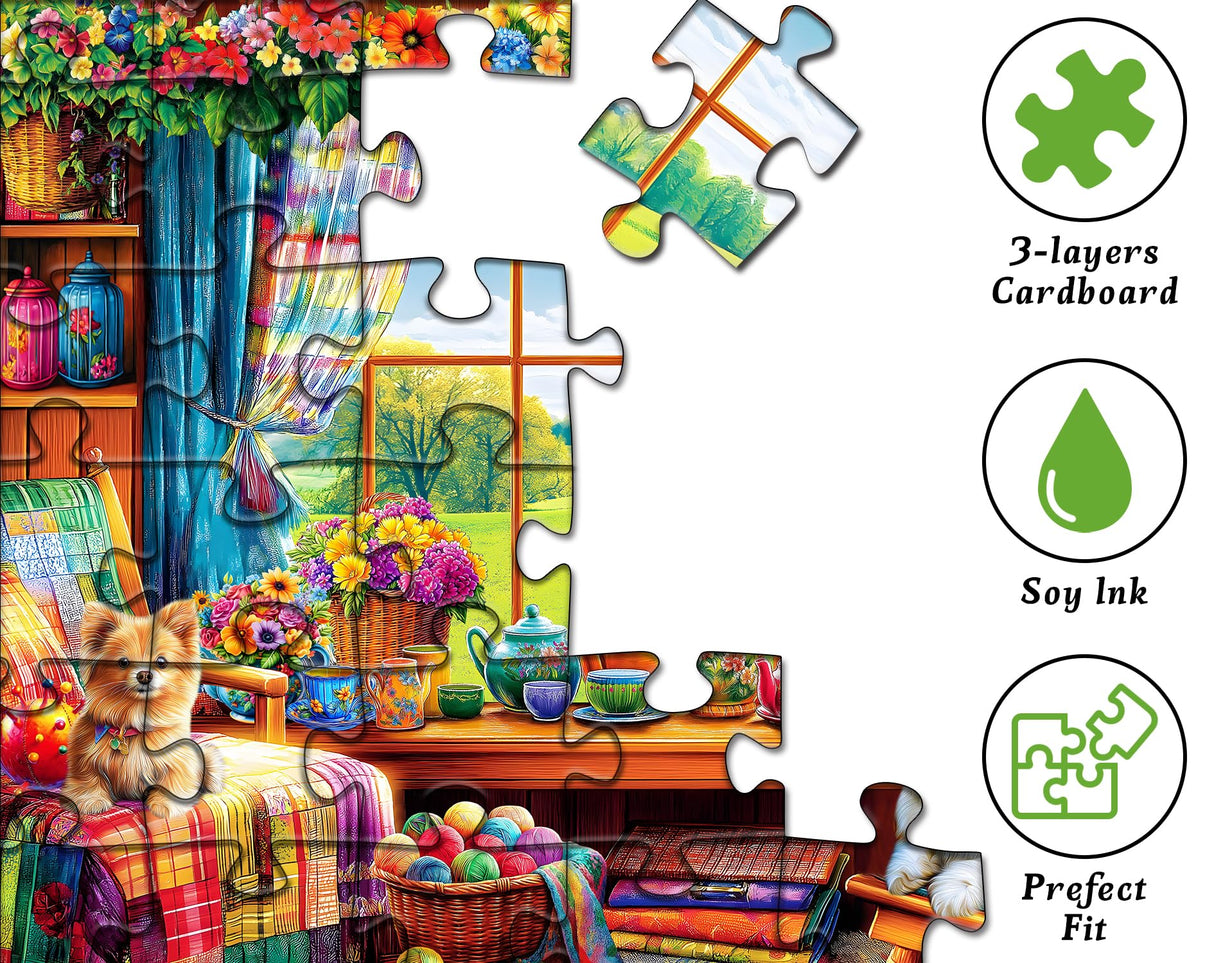 Flower Garden Puzzle for Adults 1000 Pieces, PICKFORU Nature Puzzle Features Flowers Teacups, Quilt, Dog Cat Puzzle, Spring Plant Floral Puzzle Challenging PICKFORU