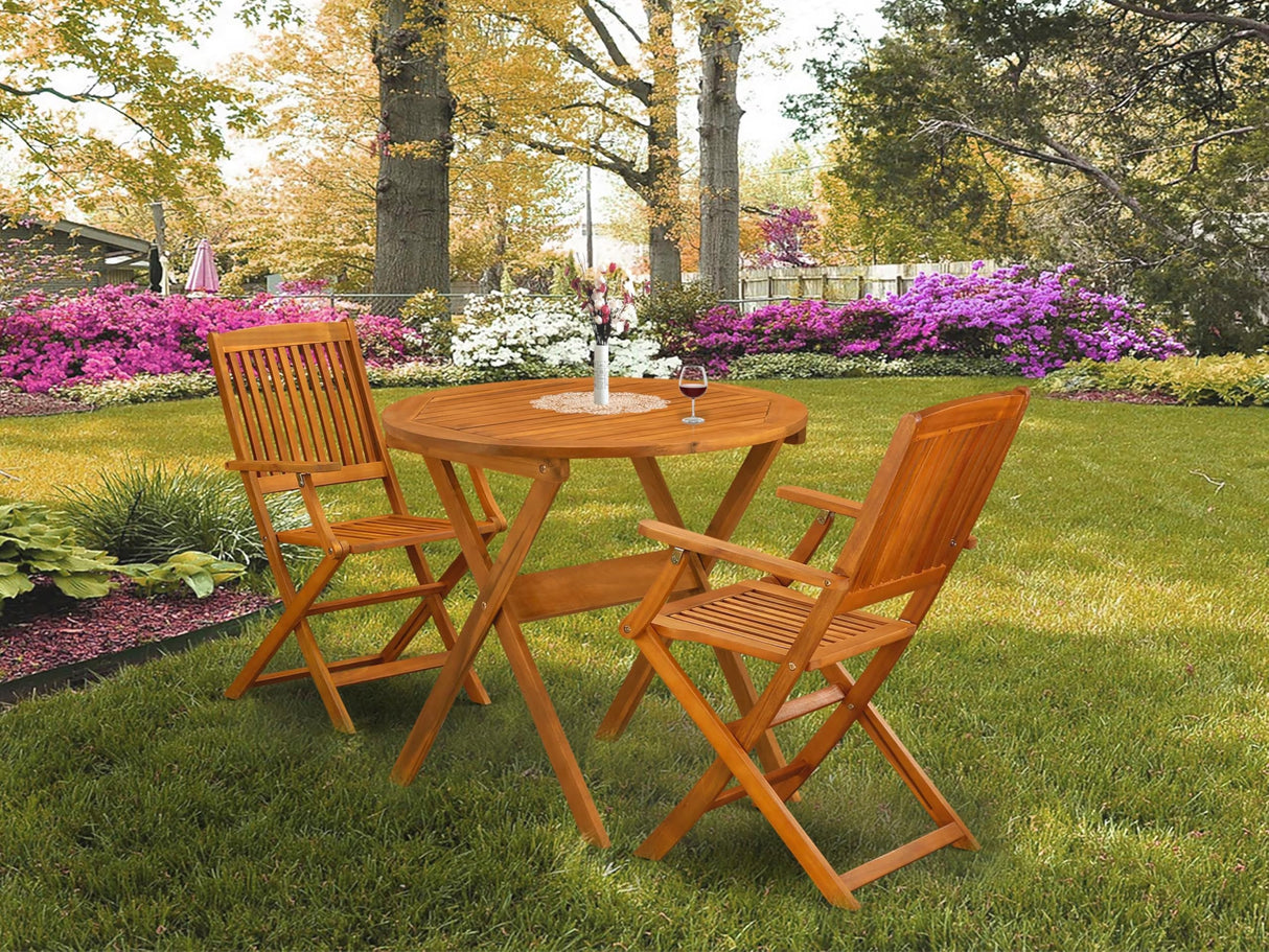 East West Furniture MNCM3CANA 3 Piece Folding Patio Bistro Sets Outdoor Set Contains a Round Acacia Wood Coffee Table and 2 Folding Arm Chairs, 30x30 Inch, Natural Oil East West Furniture