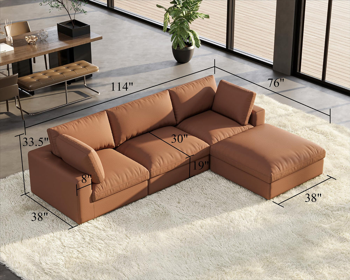 PaPaJet Modular Sectional Sofa, 114 Inches Down Filled Sectional Sofa, 4 Seats L Shaped Cloud Couch with Chaise, Ottoman, Oversized Sofa for Living Room Apartment, Brown Anti-Scratch Leathaire Couch PaPaJet