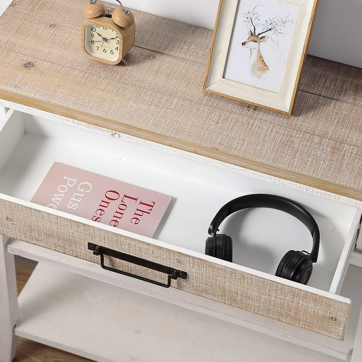 RUSTOWN Farmhouse Console Table with Drawer, 3-Tier Rustic Entryway Table with Open Storage Shelves and Handmade Metal Handle, Narrow Foyer Sofa Table for Living Room, Entryway, Hallway (Washed White) RUSTOWN