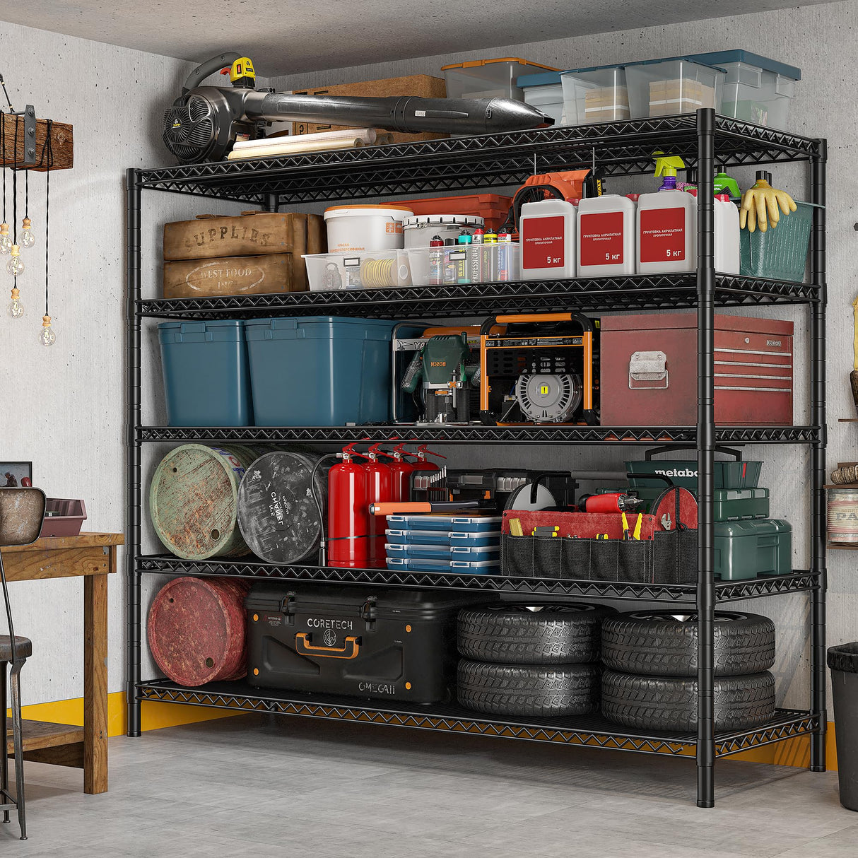 REIBII 85.7"H Storage Shelves 2998LBS Metal Shelving Units with Wheels&Feet, 5 Tier Garage Shelving Heavy Duty Adjustable Wire Shelf for Pantry Garage Commercial Industrials, 85.7"H X 55.5"W X 24.2"D REIBII