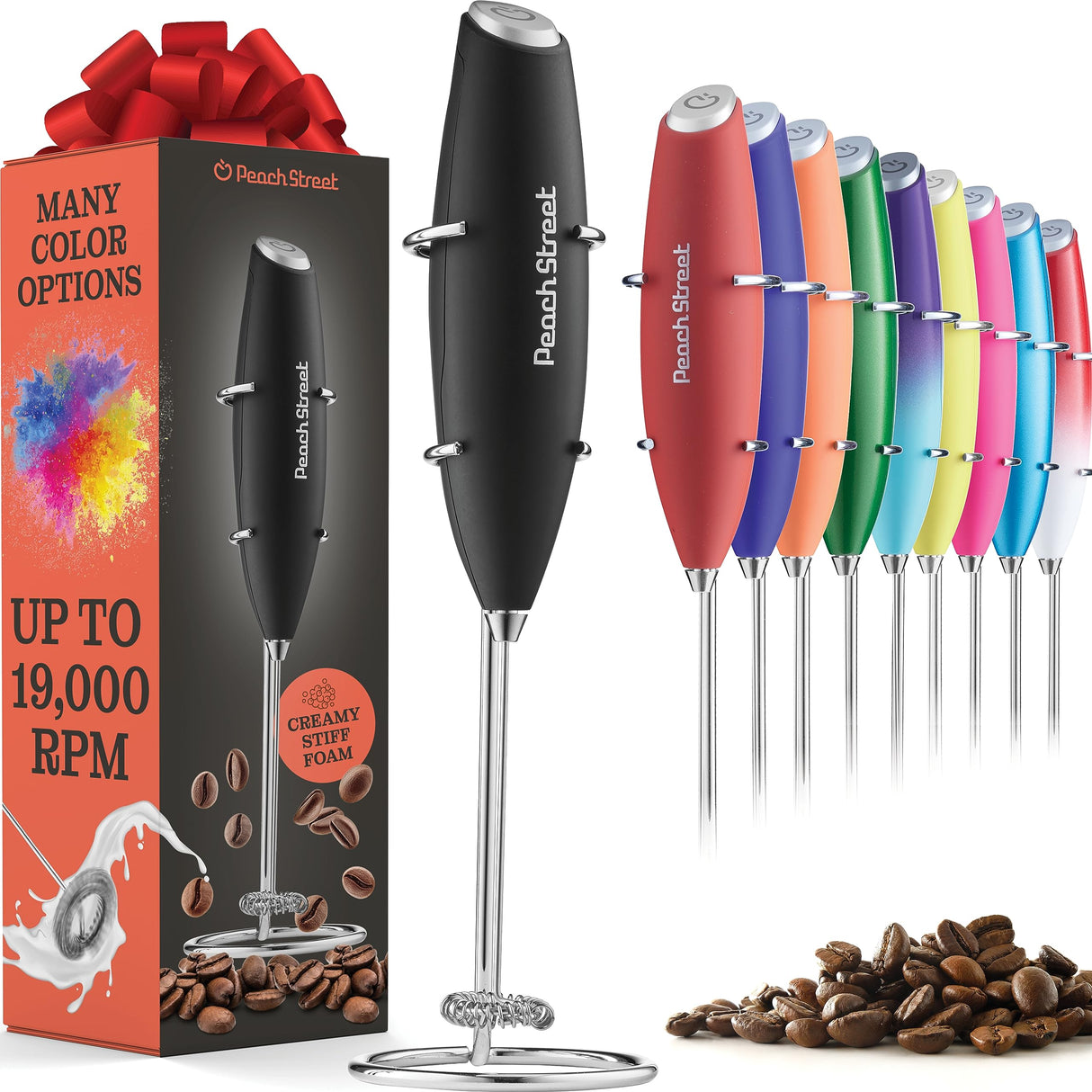 Powerful Handheld Milk Frother, Mini Milk Frother Wand, Battery Operated Stainless Steel Drink Mixer - Milk Frother Stand for Milk Coffee, Lattes, Cappuccino, Frappe, Matcha, Hot Chocolate. Great Gift Peach Street