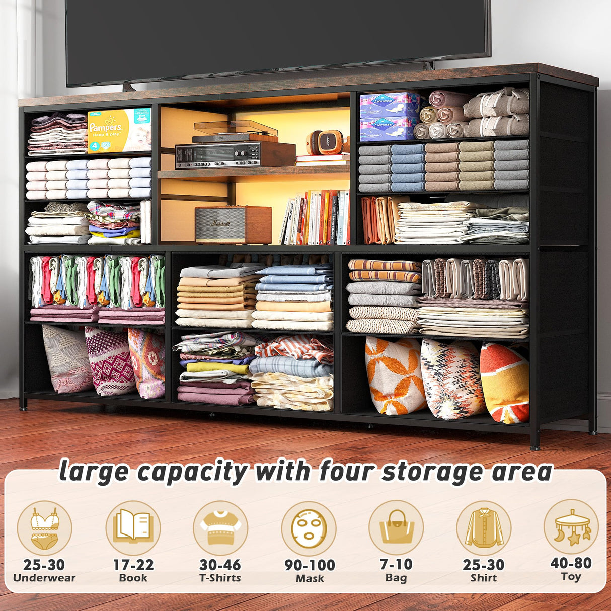 EnHomee Dresser TV Stand for 60''TV Stand for Living Room with Power Outlet & LED Lights Entertainment Center with 12 Fabric Drawer Long Dresser TV Stand for Bedroom Dresser, 49.2"W x 35.4"H x 11.8"D EnHomee