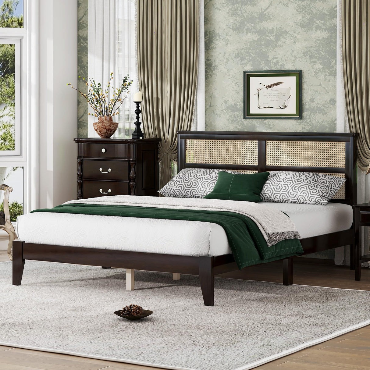 Luxepurilyn Rubber Wood Queen Size Bed Frame, Rattan Bed Frame Queen with Rattan Headboard, Enhanced Support Slats- Rubber Wood, Espresso, No Box Spring Needed Luxepurilyn