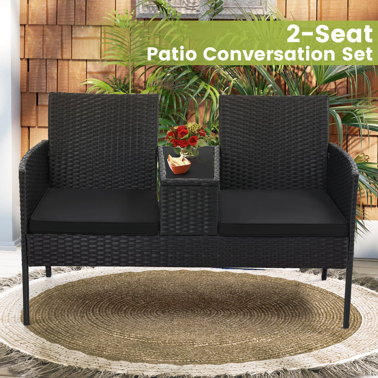 Kromax Wicker 2 Seat Patio Loveseat, Outdoor Rattan Loveseat with Table, Washable Cushion Covers, Backyard, Garden, Lawn, Black Rattan with Black Cushion Kromax