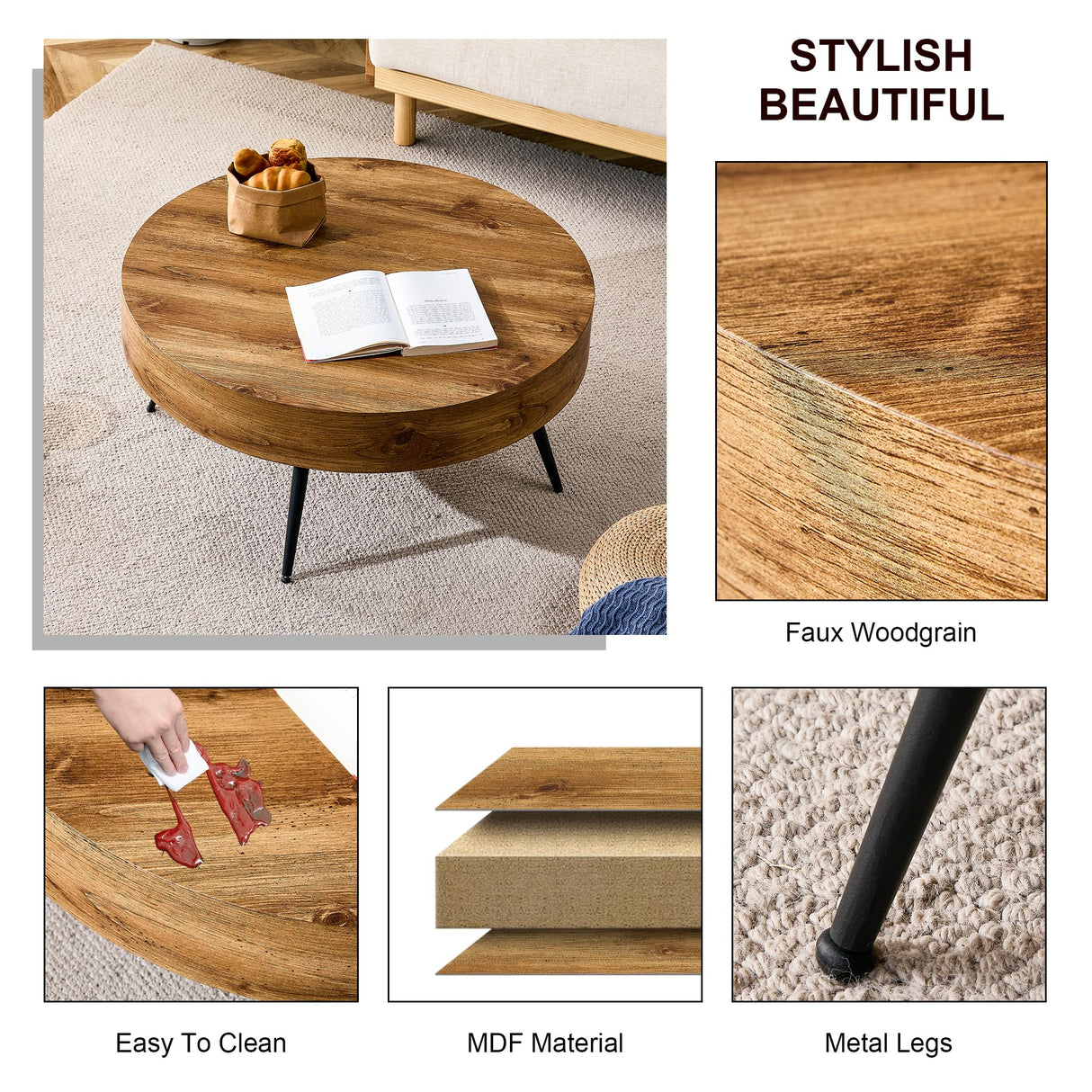 Btikita Wooden Coffee Table Modern Round Coffee Table Rustic Center Table with Metal Leg for Living Room Reception Room Office (Brown, Round) Btikita