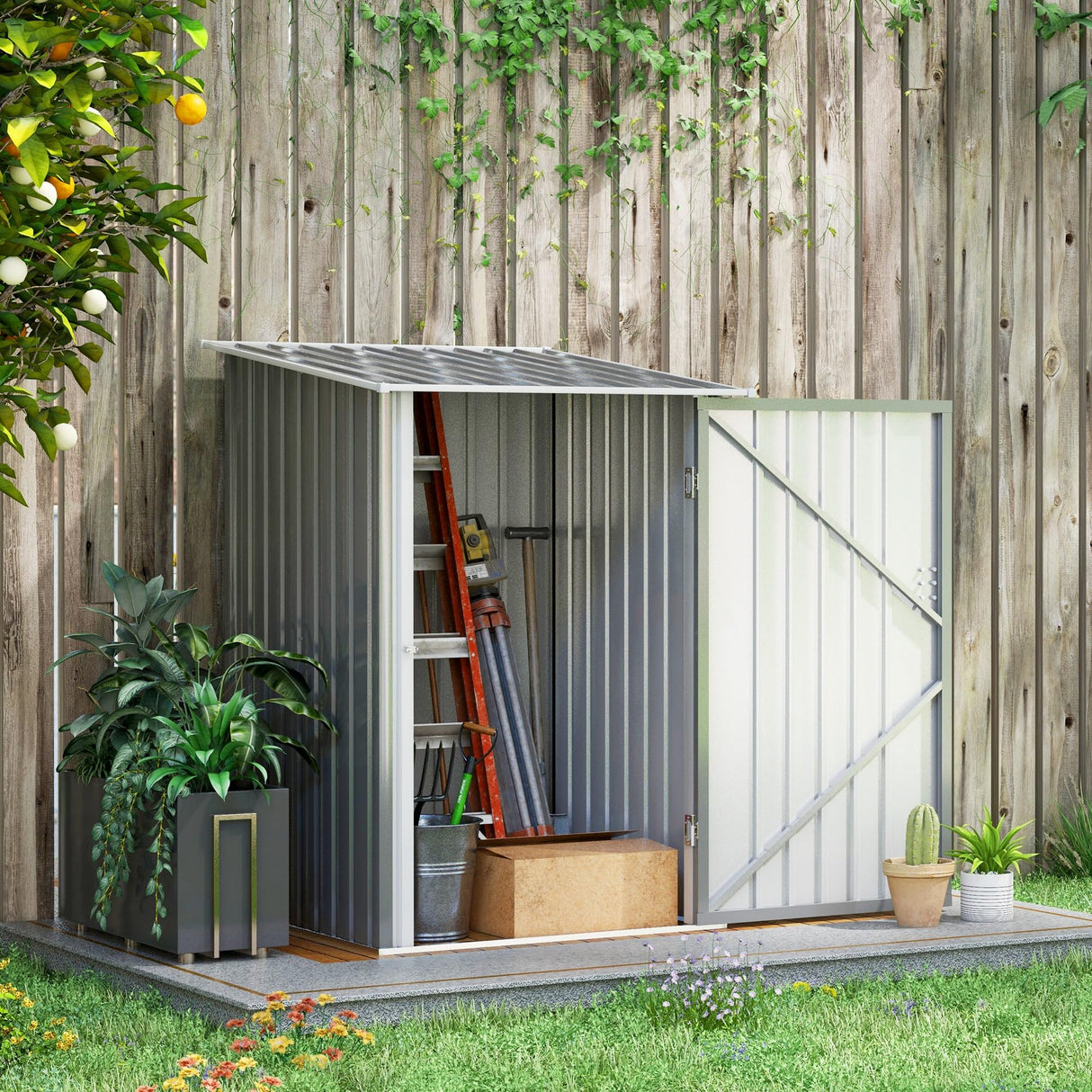 Outsunny 3.3' x 3.4' Outdoor Storage Shed, Galvanized Metal Utility Garden Tool House, Lockable Door for Backyard, Bike, Patio, Garage, Lawn, Gray Outsunny