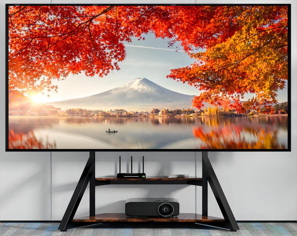 unho TV Stand with Mount, for 65 to 100 inch Large LCD/LED Flat Curved Screen Adjustable Heights Bracket Heavy Duty 2 Wooden Shelves Base VESA 800x600mm Max.Load Bearing 100kg unho