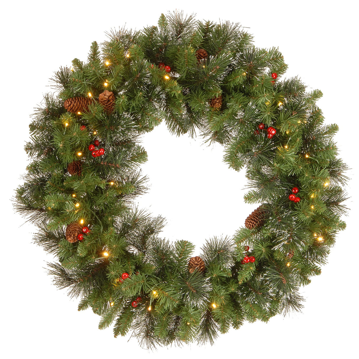 National Tree Company Pre-Lit Artificial Christmas Wreath, Green, Crestwood Spruce, White Lights, Decorated with Pine Cones, Berry Clusters, Frosted Branches, Christmas Collection, 30 Inches National Tree Company