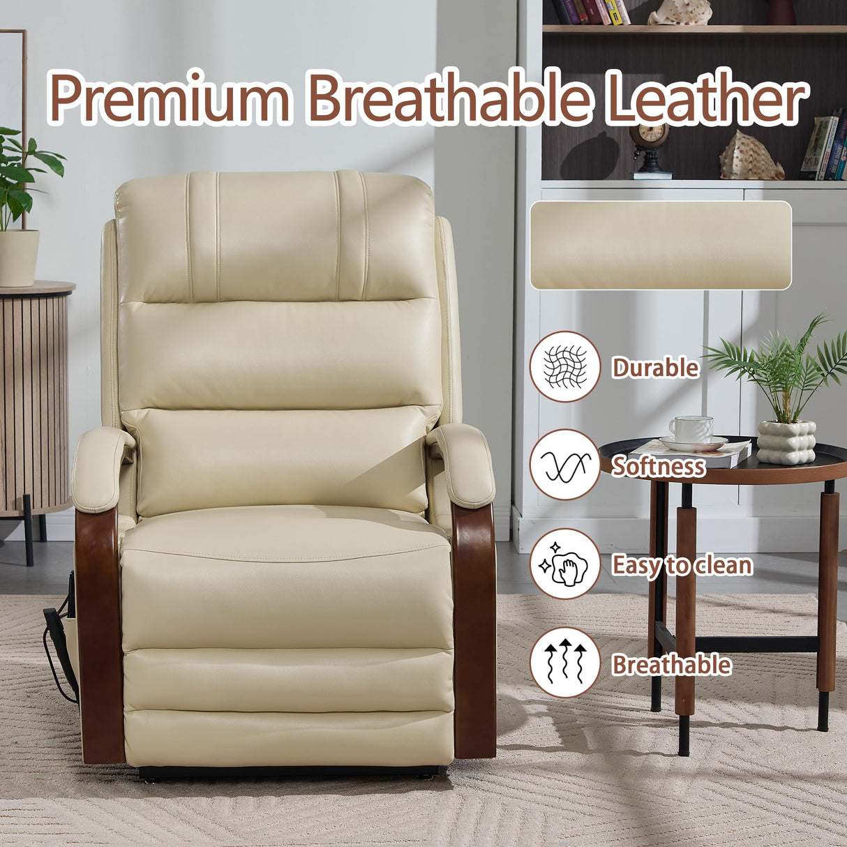 EZZUP Power Lift Recliner Chair for Elderly People, Dual Motor Lift Chair with Vibration Massage and Heat, Lay Flat Recliner with Solid Wood Armrest, Standing Assistance Reclining, Faux Leather Beige EZZUP