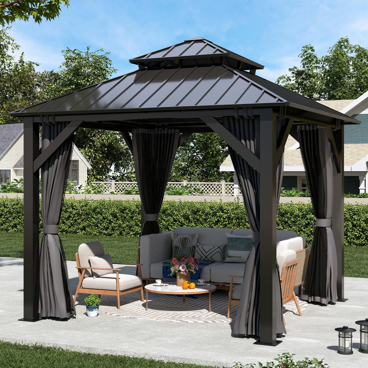 8.5' x 8.5' Hardtop Gazebo, Galvanized Steel Double Roof Gazebo with Nettings and Curtain Outdoor Aluminum Frame Vertical Stripes Roof Gazebos for Patio, Backyard, Lawn Raysfung