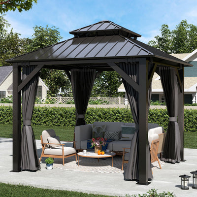 8.5' x 8.5' Hardtop Gazebo, Galvanized Steel Double Roof Gazebo with Nettings and Curtain Outdoor Aluminum Frame Vertical Stripes Roof Gazebos for Patio, Backyard, Lawn