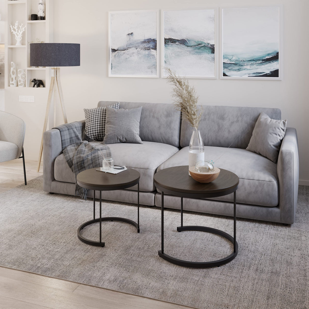 Nesting Coffee Table Set – Set of 2 Small Round Tables Nest Together for Saving Space – Modern Industrial Living Room Tables by Lavish Home (Brown) Lavish Home