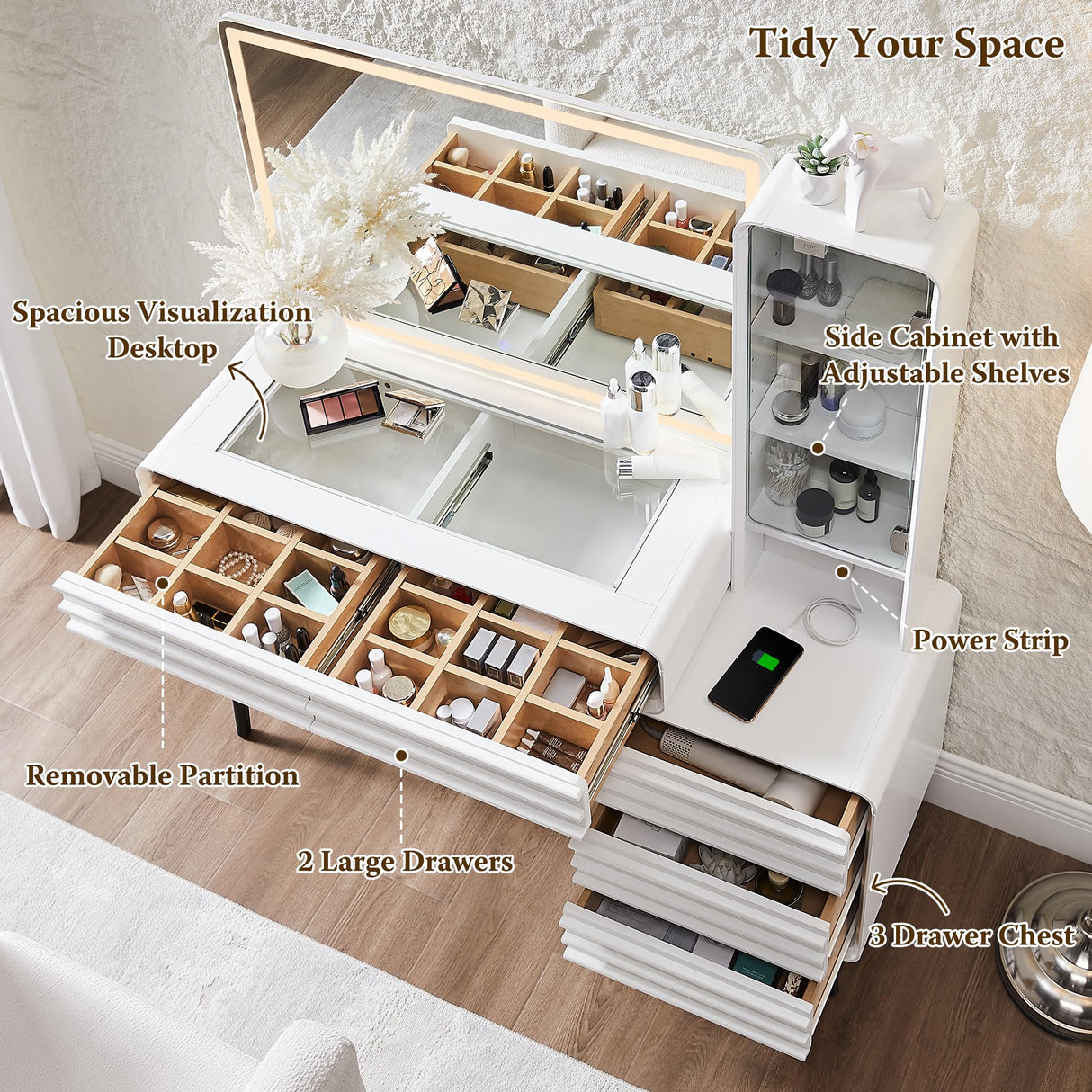 Fluted Makeup Vanity Desk with Large 35" HD Lighted Mirror, 48" Mid Century Modern Glass Top Vanity Table with 5 Drawers & Adjustable Shelf, Dressing Table w/Charging Station for Bedroom, Off White T4TREAM