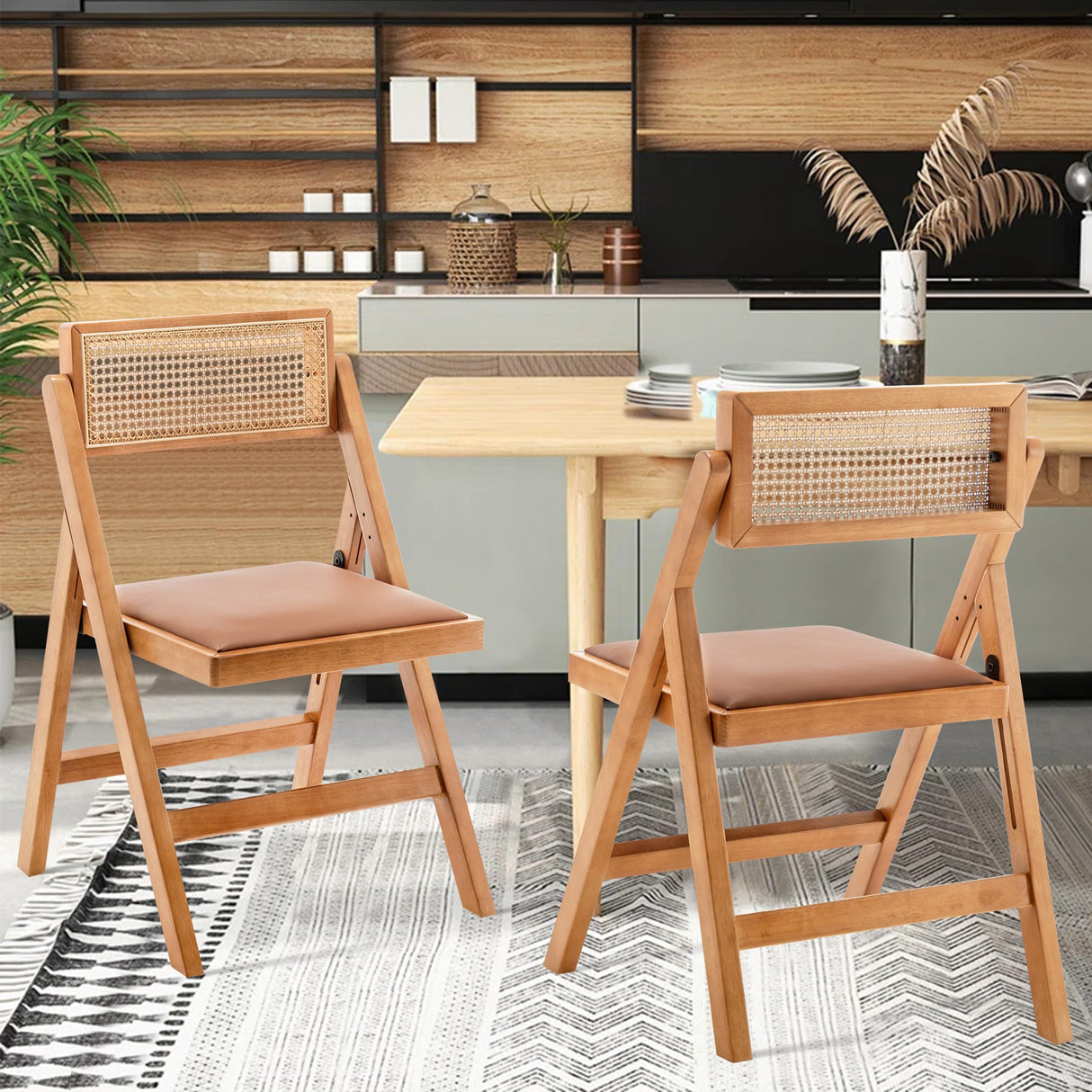 Awonde Wood Folding Chairs Set of 2 Mid Century Modern Accent Rattan Dining Chair for Kitchen Dining Room Living Room Patio Armless Foldable Chair Brown Awonde