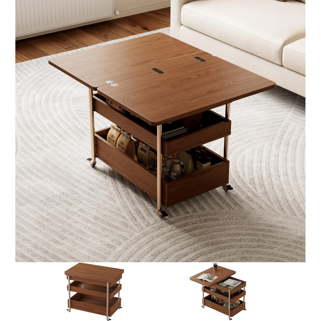 Flip Top 2-in-1 Multi-Function Coffee Table on Wheels, Extendable Center Table with Storage and Hidden Compartment, Convertible End Table Side Table Small Dining Table for Apartment Small Spaces CycleCrew
