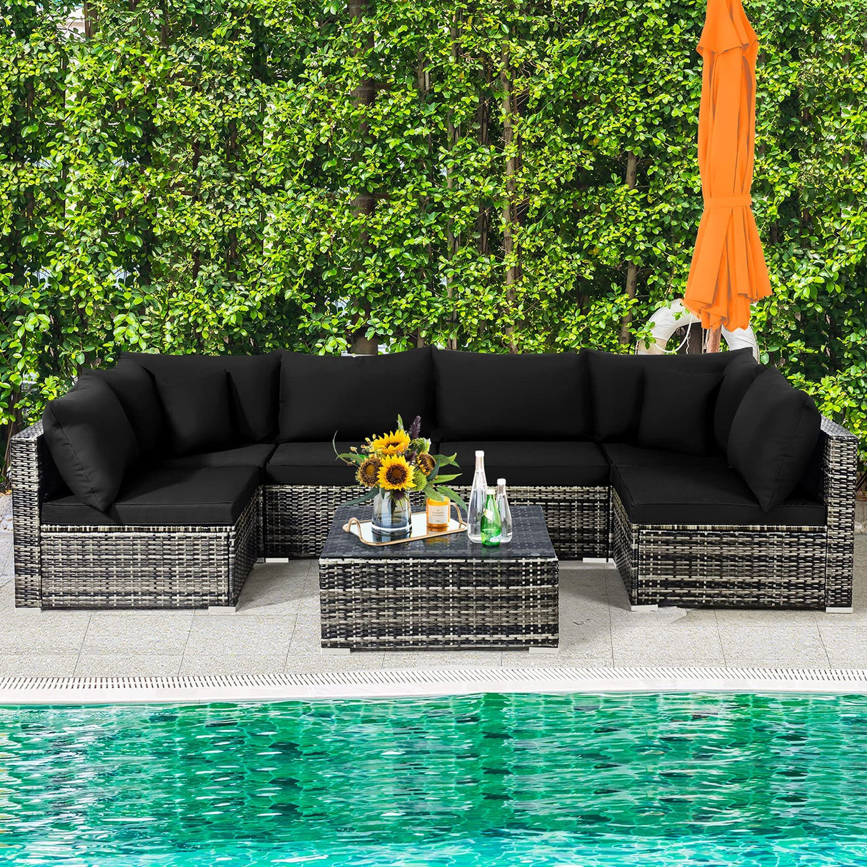 Tangkula 7 Pieces Patio Rattan Furniture Set, Patiojoy Outdoor Conversation Set with Cushions and Tempered Glass Coffee Table, All-Weather Sectional Sofa Set for Garden, Lawn, Backyard (Black) Tangkula