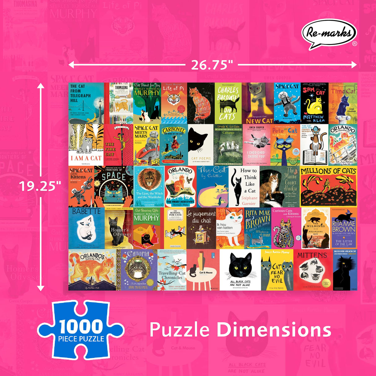 Re-Marks Feline Tales 1000-Piece Puzzle for All Ages, Cat Books Jigsaw Puzzle, Family Puzzle Re-Marks