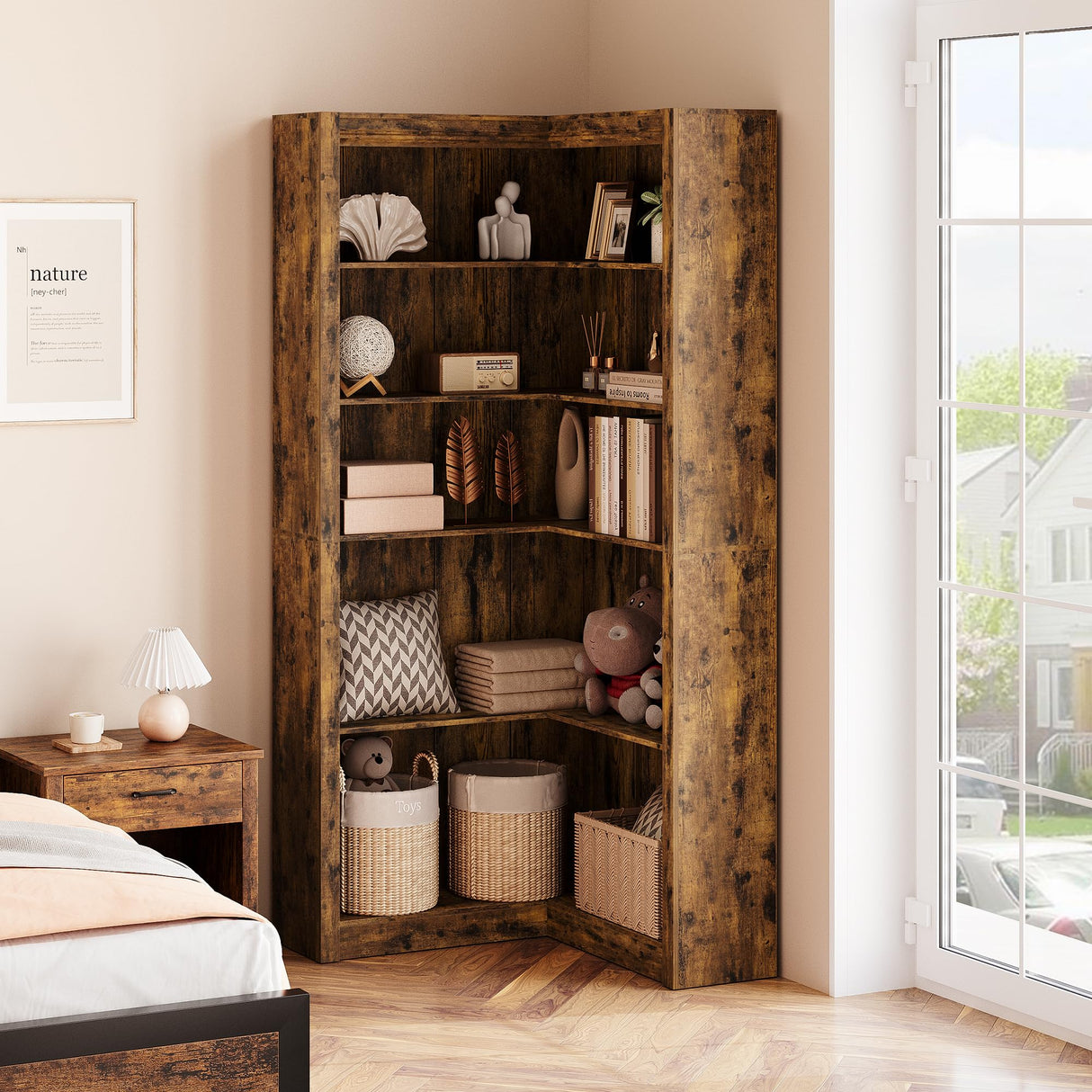 GarveeHome Corner Bookshelf, 71.8 in Farmhouse Corner Bookcase, L-Shaped Bookshelf Large Bookcase, 5 Tier Display Shelf Heavy Duty Bookcases, Bookshelves with Storage GarveeHome