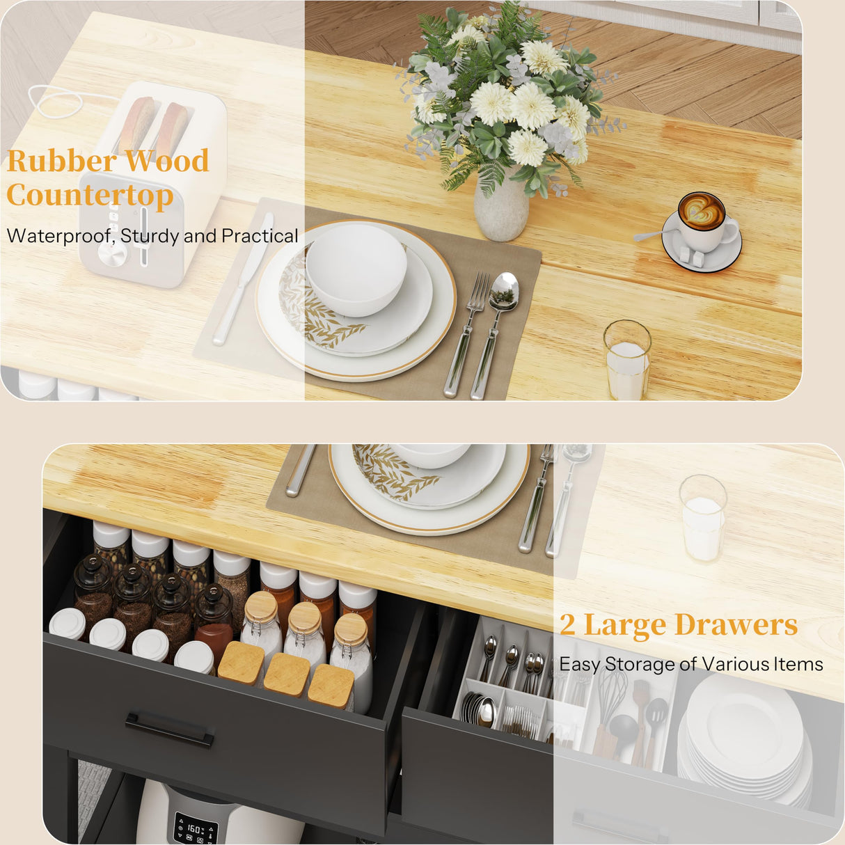 47.3" Solid Rubberwood Kitchen Island with Power Outlets - Extra Large Work Surface, 2 Drawers & Open Shelves Storage Cabinet for Kitchen Dining Room, Farmhouse Style (Black) DynJest