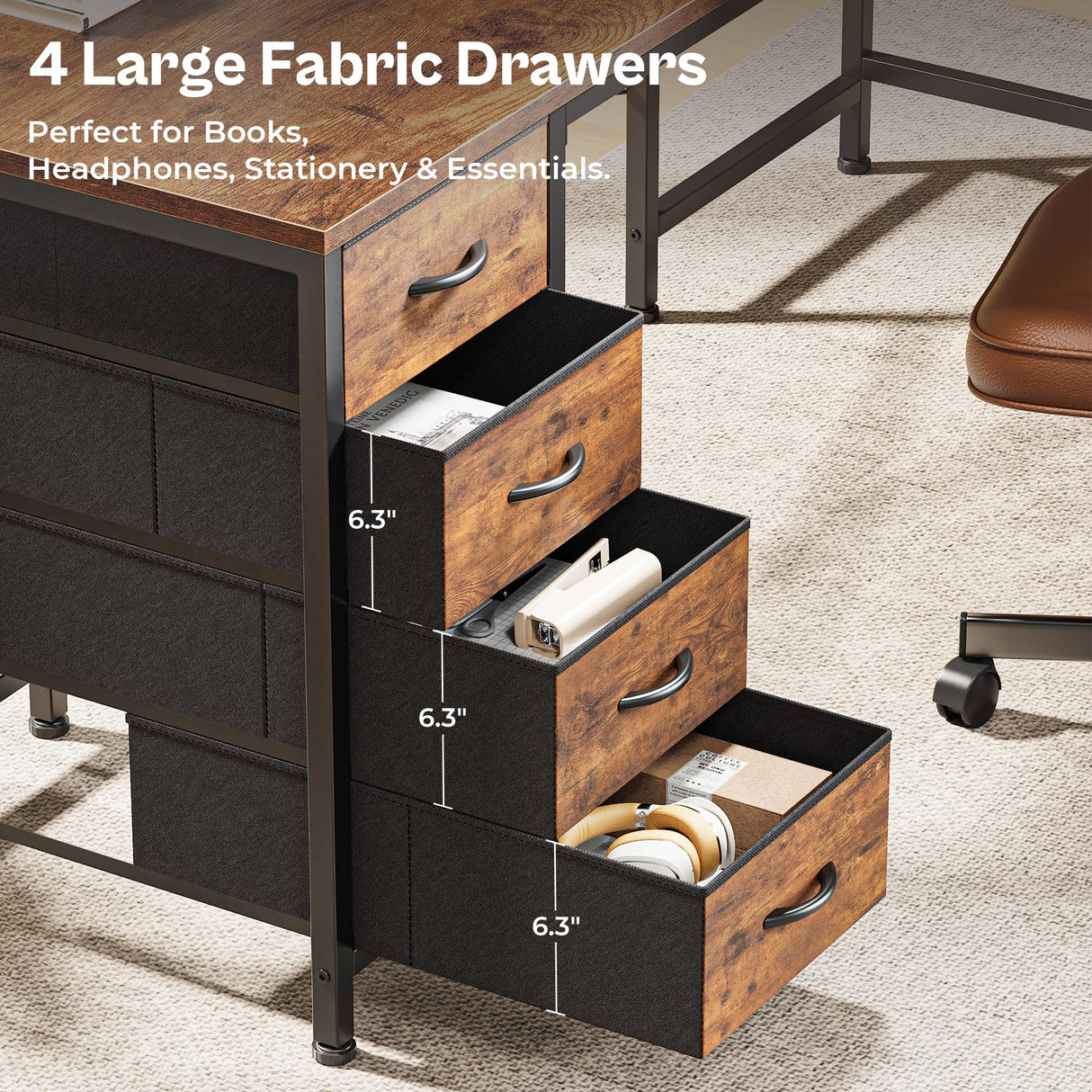 Huuger 63 Inch L Shaped Desk with Fabric Drawers, Reversible Computer Gaming Desk with Power Outlets and USB-C Port, Adjustable Side Storage Shelves, for Work Study Corner Home Office, Rustic Brown Huuger