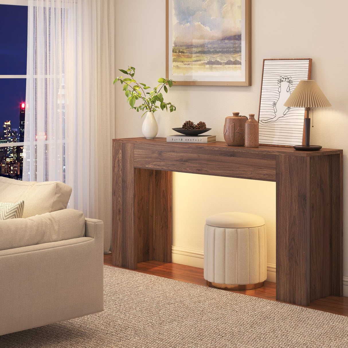 knoworld 63-Inch Long Console Table with LED Light, Farmhouse Sofa Table Behind Couch, Wooden Console Table for Entryway Hallway Entrance Living Room, Brown knoworld