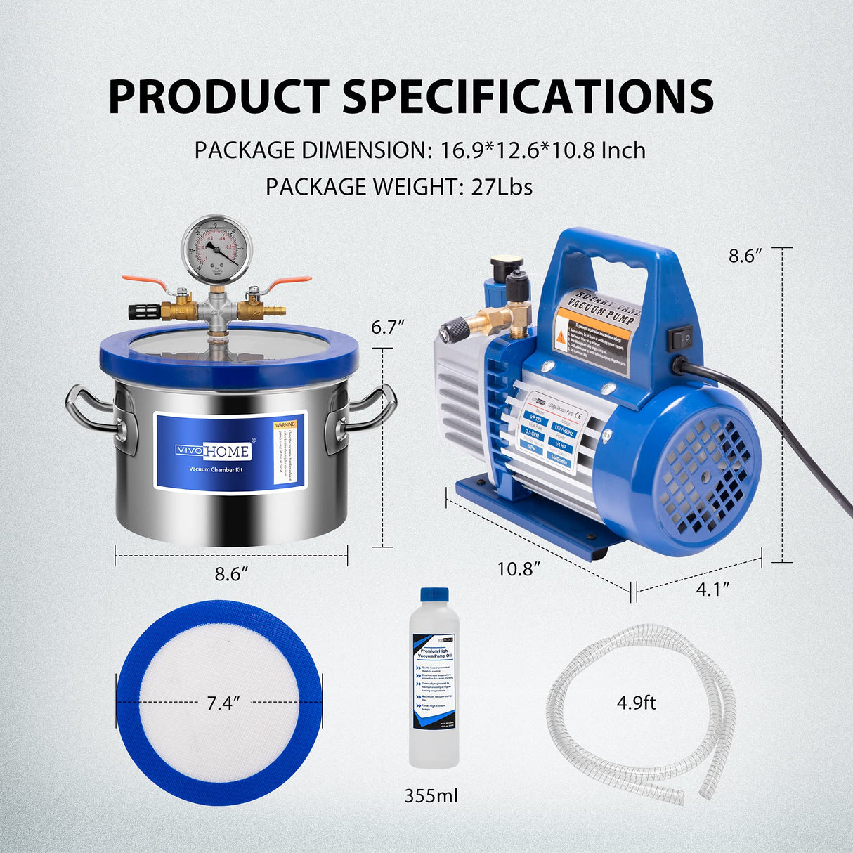 VIVOHOME 1.5 Gallon Vacuum Chamber with Pump, Stainless Steel Vacuum Degassing Chamber Kit with 3.5 CFM 1/4 HP Single Stage Vacuum Pump and Oil VIVOHOME
