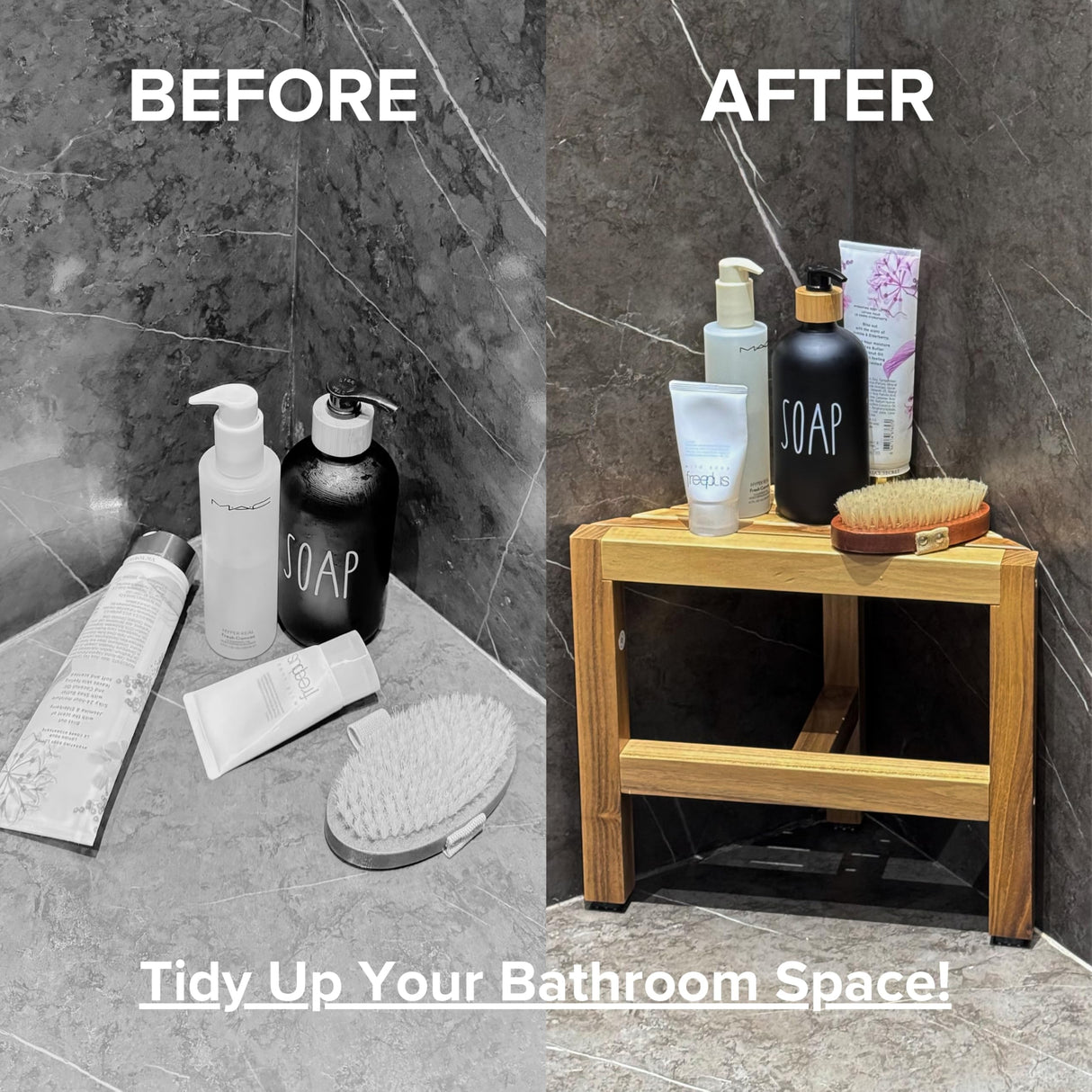 TEAKAURA Teak Shower Stool, Teak Shower Bench, 12'' Shower Foot Rest for Shaving Legs, Waterproof Teak Corner Shower Bench, Organizer Teak Stool, Corner Seat for Bathroom Livingroom TEAKAURA