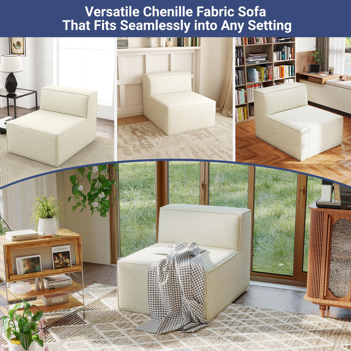 KOBY HOME 38“ Modular Sectional Sofa Convertible Cube Thick Couch Seat Set, Combine L-Shaped U-Shaped, Free Assembly, Space-Saving for Living Room, Fabric Chenille Beige White (Only Armless) KOBY HOME