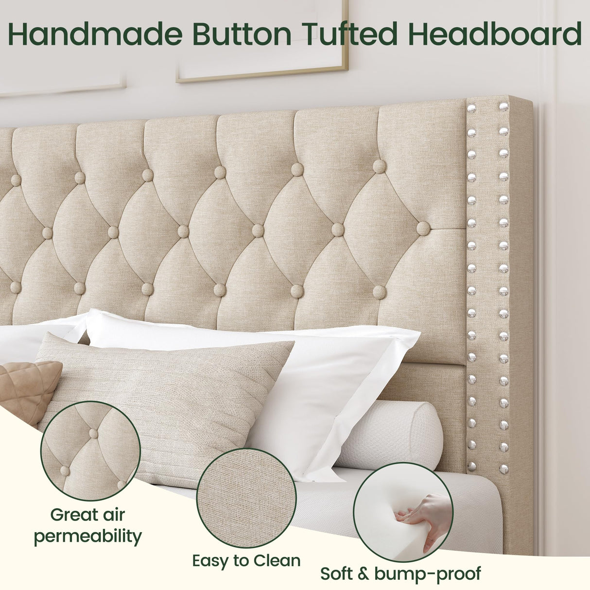 LARMACE King Size Bed Frame with 4 Storage Drawers and Tufted Headboard Linen Upholstered Platform Bed Frame with Heavy Duty Wood Slats, No Box Spring Needed, Easy Assembly, Beige LARMACE