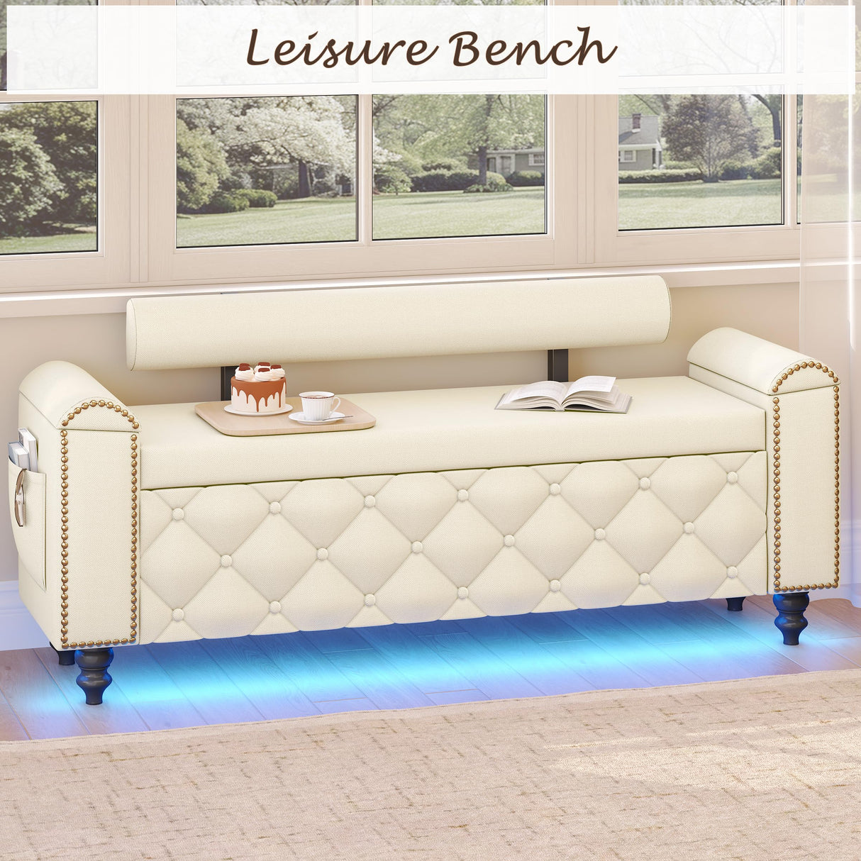 BYSAUD 51" Storage Bench, End of Bed Bench with LED Lights & Curved Arm, Upholstered Ottoman Bench with Storage, Bedroom Bench with Tufted Button & Nailhead Trim for Living Room Entryway, Beige BYSAUD